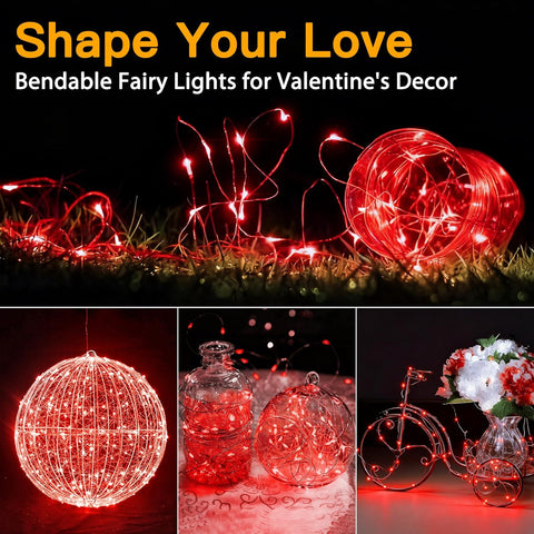 10m Red Battery Operated Fairy Lights, 100 LED Waterproof Copper Wire String Lights for Indoor Outdoor Valentine’s Day, Wedding, Bedroom & Party Decor