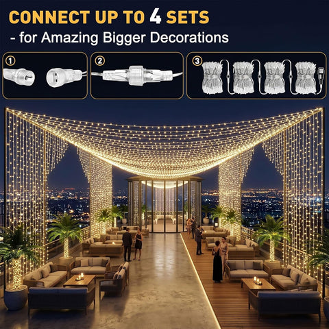 300 LED Curtain Fairy Lights 3m x 3m – Plug-In Warm White Christmas Curtain Lights with 8 Modes, Timer & Memory, IP65 – Turn Blank Windows into a Cosy Glow