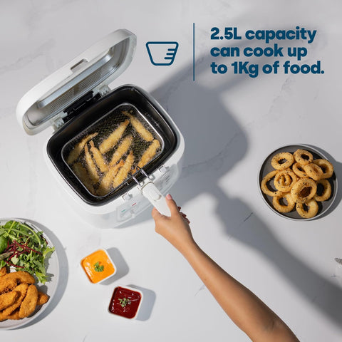 Electric 2.5L Deep Fat Fryer with Non-Stick Coating, Mesh Basket & Viewing Window – Easy Clean Countertop Fryer – White