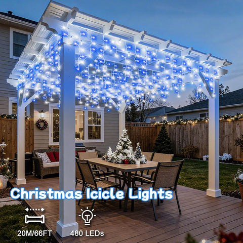 20M Blue White Icicle Lights Outdoor – 480 LED Waterproof Fairy Lights with Timer