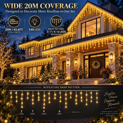 Icicle Lights Outdoor Plug In 30M 540 LED Warm White – Waterproof Curtain Lights with 8 Modes & Timer for Roof Eaves, Gutters & Windows - Turn Empty Edges Into Evening Magic