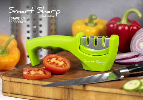 Smart Sharp 3-Stage Professional Knife Sharpener – Manual Kitchen Knife Sharpener with Ceramic Stone, Tungsten Carbide & Diamond Rods – Non-Slip Ergonomic Handle (Green)