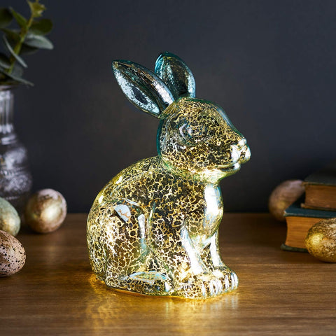 15cm Blue Mottled Glass Easter Bunny LED Table Light – Warm White Battery Lamp with Timer