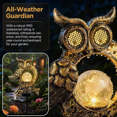 Solar Lights Outdoor Garden, Waterproof Solar Owl Lights, Owl Garden Solar Lights, LED Crackle Glass Ball Dynamic Eye Lighting for Patio, Pathway, Garden Decorations, Birthday Gifts for Women, Mum