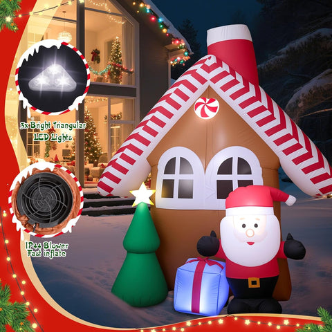 7FT Inflatable Christmas House with Santa Claus & Tree, Built-in LED Lights, Durable Outdoor Inflatable Xmas Decoration for Garden, Lawn, Patio & Holiday Parties