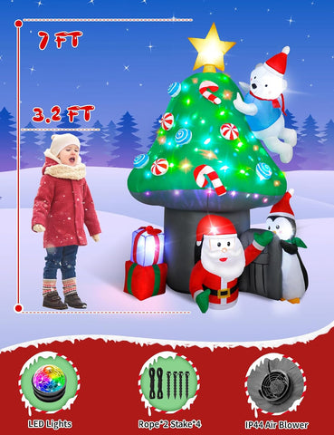 7 FT Inflatable Mushroom Christmas Tree with Rotating LED Lights – Outdoor Holiday Decoration