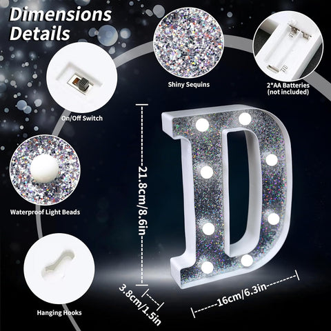 D Style LED Marquee Lamp, Silver Glitter Light Up Letter Sign, Battery Powered Tabletop Decorative Letter Light with On/Off Switch for Wedding, Birthday, Party and Home Decor