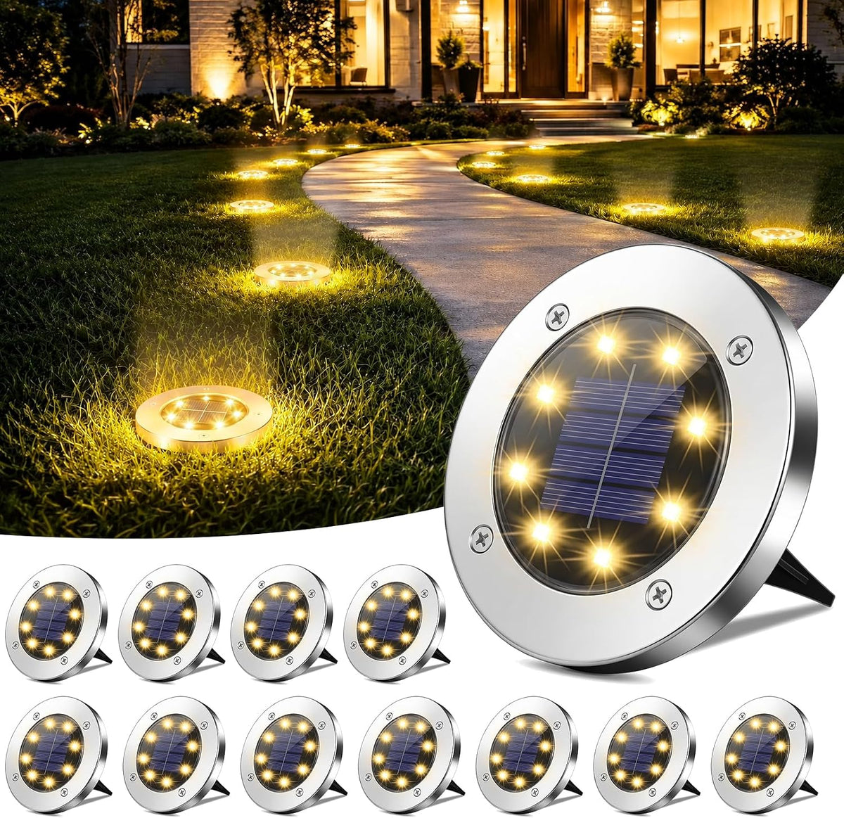 OULONGER 4.6inch Solar Ground Lights, Garden Solar Outdoor Waterproof Pathway Bright In-Ground Landscape Lights for Patio, Lawn, Yard, Driveway, Step and Walkway(Warm Light 12Packs)