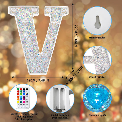 V Style Color Changing LED Letter Light, Glitter Marquee Lamp with 18 Colors, Remote Controlled, Battery Powered Decorative Letter Light for Party, Wedding, Birthday and Home Decor