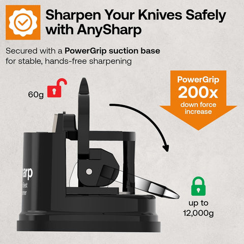 AnySharp Knife Sharpener – PowerGrip Suction Base | Hands-Free Safety | Sharpens All Kitchen Knives | Ideal for Hardened Steel & Serrated