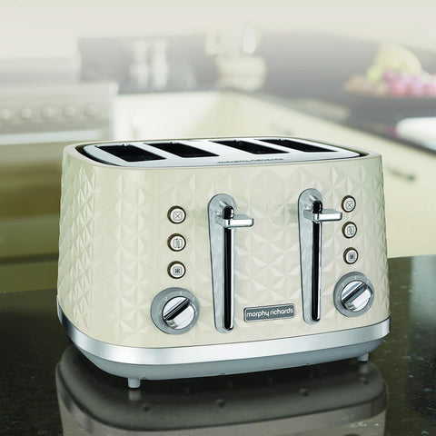 Morphy Richards Vector 4 Slice Toaster 1800W – Cream High Gloss Geometric Design with Variable Width Slots, Defrost, Reheat & Crumb Tray