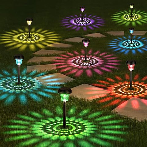 Pack of 8 LED RGB Solar Powered Lights installed in a garden

