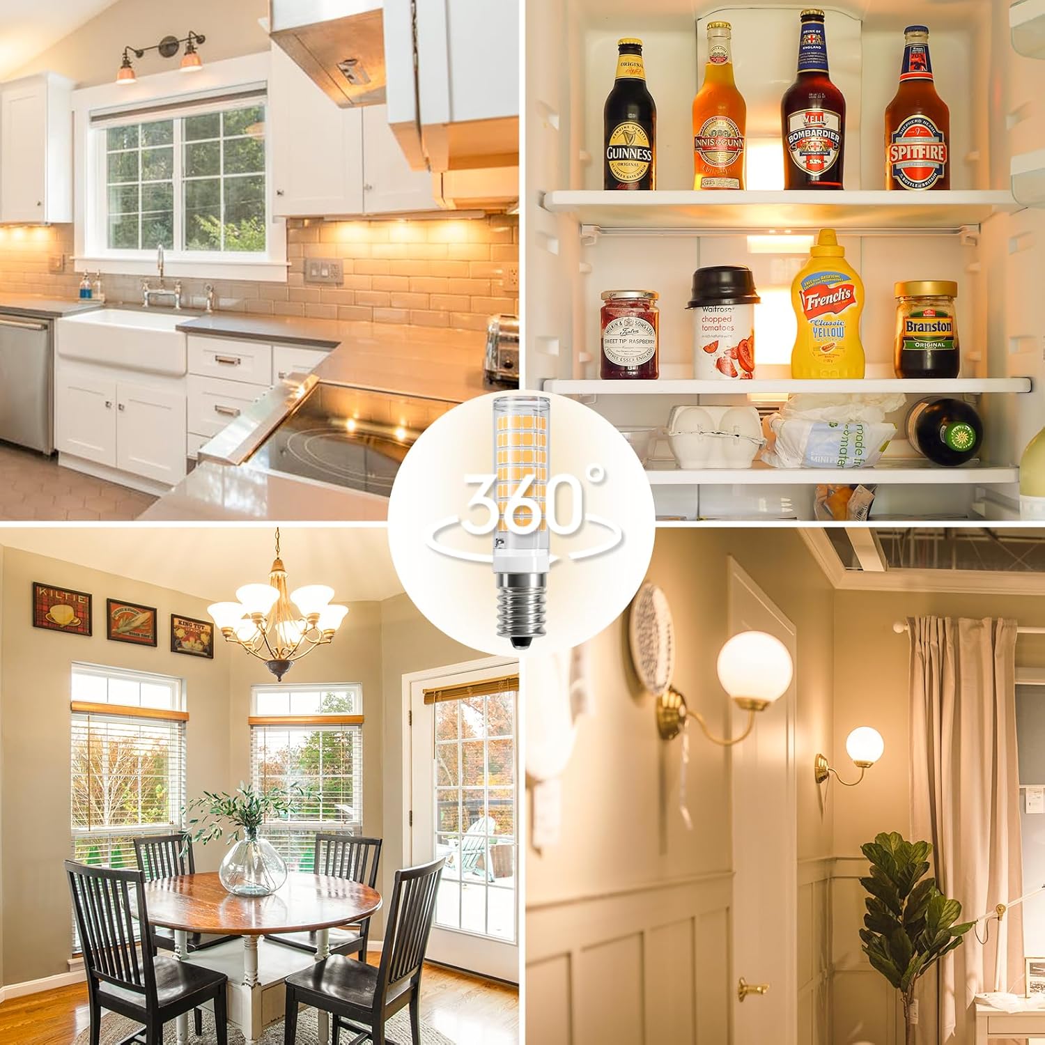 Collage of a kitchen, shelves with drinks, and a dining area with a chandelier.