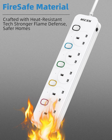 Mscien 1M 5 Way Extension Lead with Individual Switches – Wall-Mountable White Power Strip for Home & Office – Keep Every Plug Within Easy Reach