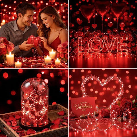 10m Red Battery Operated Fairy Lights, 100 LED Waterproof Copper Wire String Lights for Indoor Outdoor Valentine’s Day, Wedding, Bedroom & Party Decor