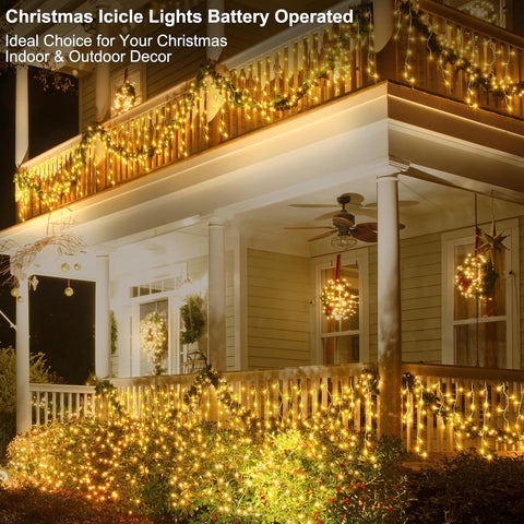 DBFAIRY 6M 300 LED Warm White Christmas Icicle Lights with Remote, Timer & 8 Lighting Modes – Bring a Cosy Winter Glow to Your Windows and Eaves