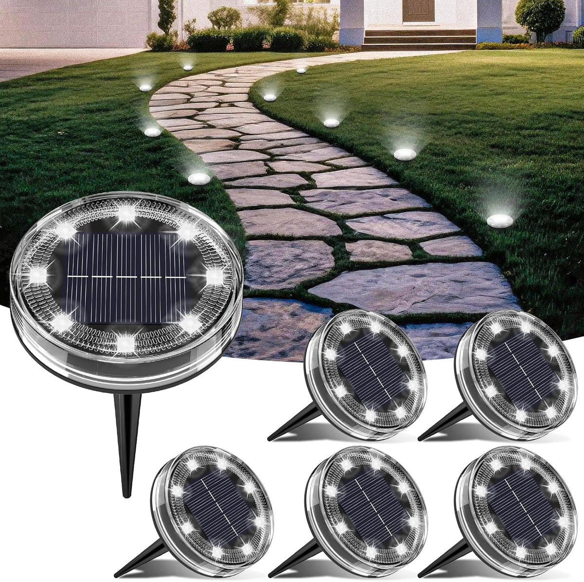 LOTMOS Solar Lights Outdoor Garden, 6 Pack 8 LED Solar Ground Disk Light