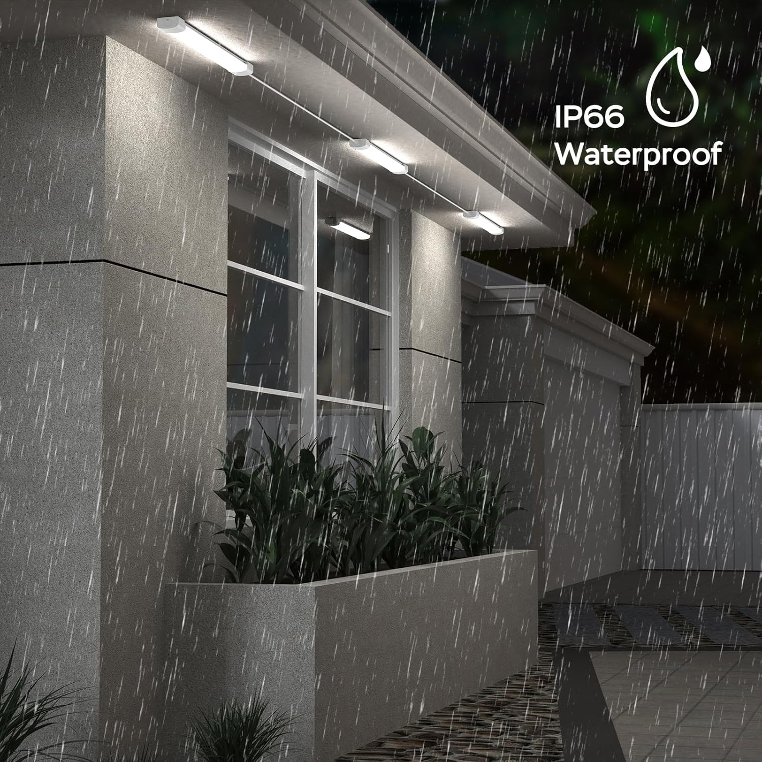 Outdoor setting with rain, building facade, and 'IP66 Waterproof' label.