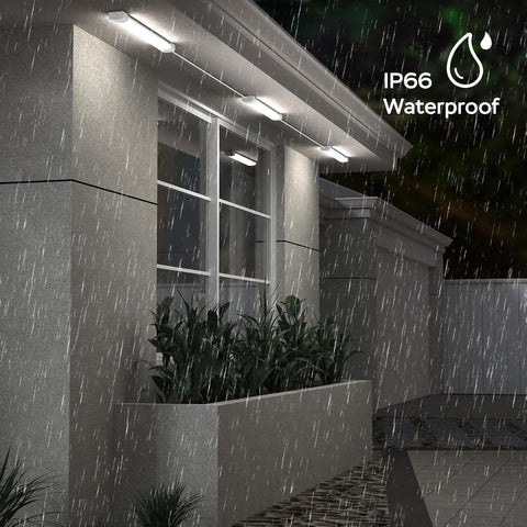 Outdoor setting with rain, building facade, and 'IP66 Waterproof' label.