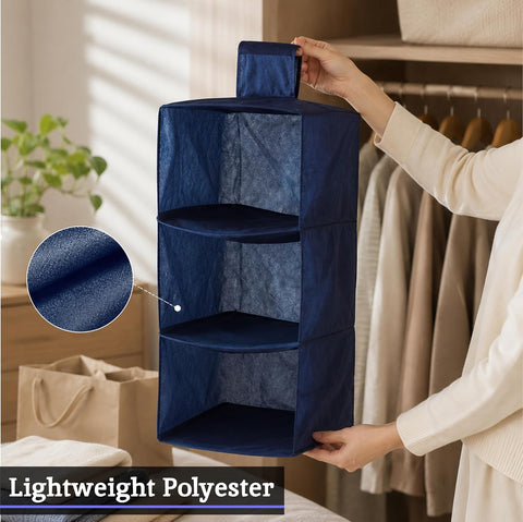Premier Housewares 3-Section Hanging Garment Organiser, Blue – Lightweight Wardrobe Storage for Shoes, Clothes & Seasonal Essentials