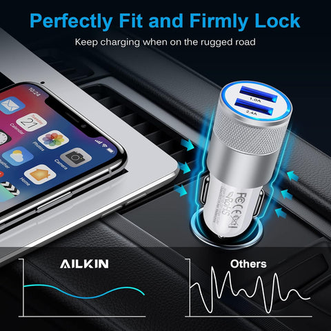 Car Charger Adapter 3.4A Dual Port Fast USB for iPhone, Samsung, iPad, and Google Pixel Devices