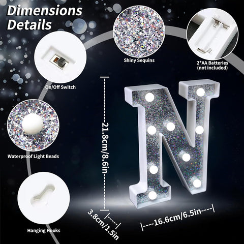 Letter N Style LED Marquee Lamp, Silver Glitter Light Up Letter Sign, Battery Powered Tabletop Decorative Marquee Light with On/Off Switch for Wedding, Birthday, Party and Home Decor