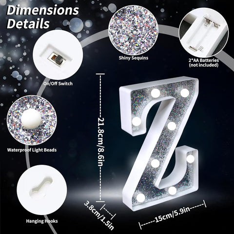 Letter Z Style LED Marquee Lamp, Silver Glitter Light Up Letter Sign, Battery Powered Tabletop Decorative Marquee Light with On/Off Switch for Wedding, Birthday, Party and Home Decor