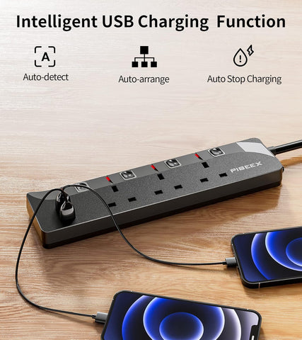 3M Extension Lead with USB Ports, 3 Way Outlets Power Strip with 2 USB Slots UK Power Socket with Individual Switch 3 Meters Plug Extension Wall Mounted Power Strip Black