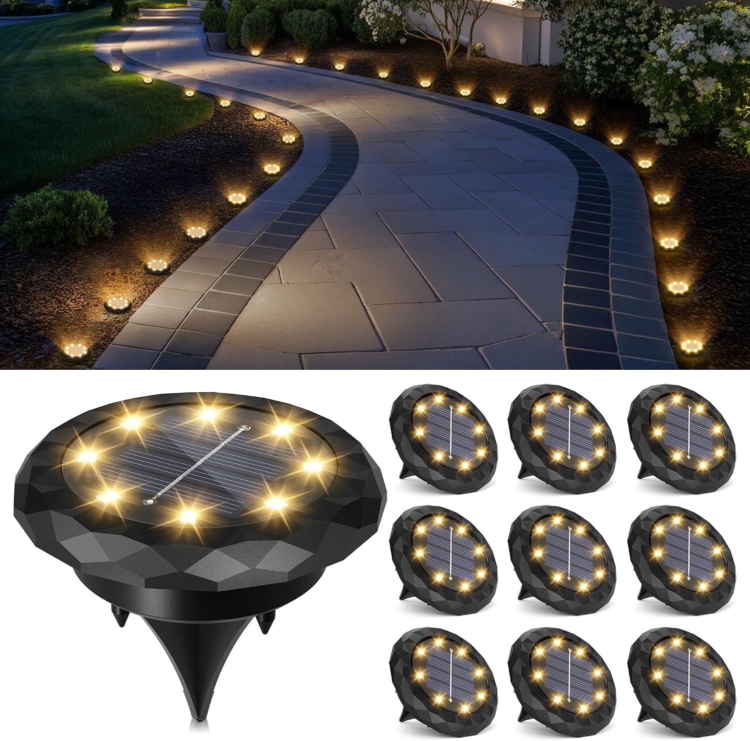 Solpex 10 Pack Solar Lights Outdoor Garden, 8 LEDs Solar Powered Ground Lights, IP65 Waterproof Garden Light for Yard, Patio, Pathway (Warm White)