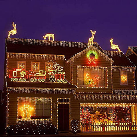 220LED Gresonic Icicle Lights 7.5m Warm White – 8 Modes, Timer & IP44 Outdoor Christmas String Lights - Turn Blank Walls Into a Warm Festive Glow