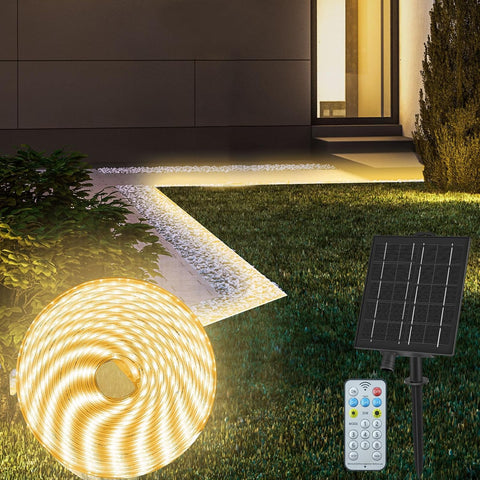 Outdoor Solar LED Strip Lights Warm White, Solar Powered Flexible Waterproof Rope Lights, 8 Modes 180 LED Lights Strip for Garden Porch Gazebo Christmas Pathway Home Patio Umbrella House Eaves Decor