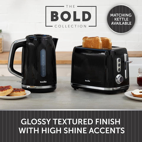 Bold 2 Slice Toaster - Black & Silver Chrome | Wide Slots, High-Lift, Variable Browning, Defrost & Reheat Functions [VTR001]