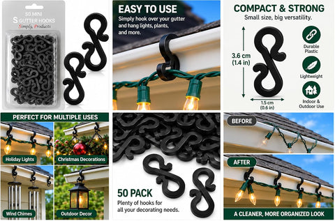50 Pack Christmas S Mini Gutter Hooks – Black Weatherproof Plastic Clips for Outdoor String Lights & Rope Lights – Make Festive Decorating Easier, One Light at a Time
