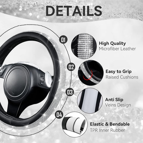 Car Pass Bling Diamond Leather Steering Wheel Cover – Silver