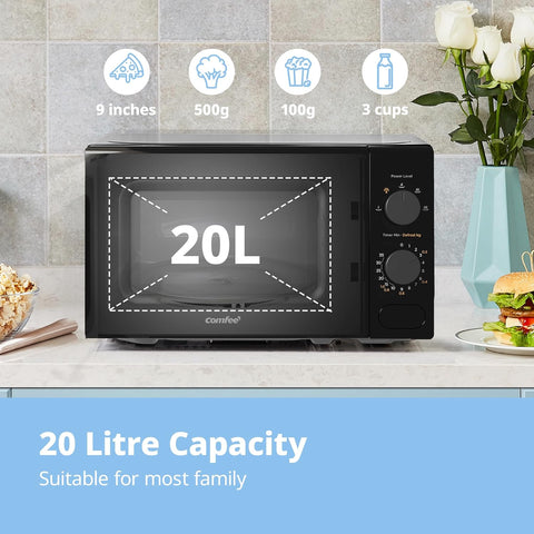 Black 20L Compact Microwave Oven 700W with Manual Control & Defrost