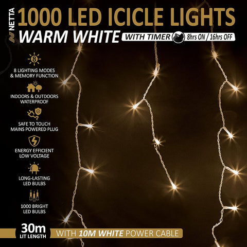 Icicle Lights Outdoor Christmas 1000 LED 30m Lit Length, Warm White LED Icicle Fairy House Lights with 8 Hours On Timer, Memory, 8 Lighting Modes, Mains Powered – Make Your Home Glow With Christmas Magic