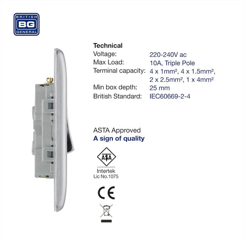 BG Electrical 3-Pole Fan Isolator Switch – Brushed Steel