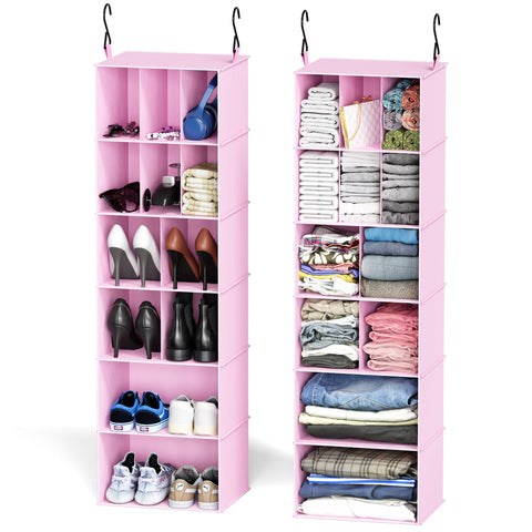 SpaceAid 2-Pack Hanging Closet Organiser, 24 Compartments with Dividers, Black Non-Woven Fabric Storage Shelves for Shoes, Clothes, Wardrobes and RVs