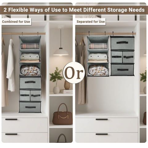 6-Tier Hanging Wardrobe Organiser with 5 Removable Drawers & 3 Side Pockets – Heavy-Duty Fabric Storage Shelves