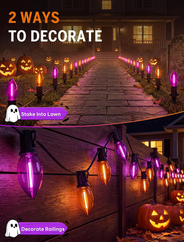 Outdoor Pathway Lights - 19.5 Ft Purple & Orange String Lights with 10 C9 LED Bulbs and Stakes, Connectable, Waterproof, Perfect for Halloween, Yard, Lawn, Garden