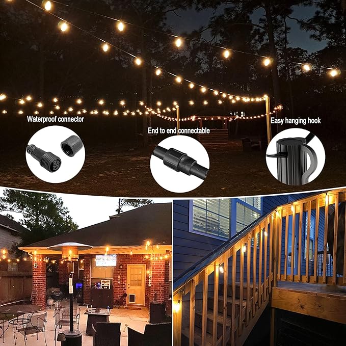 30MT Festoon Lights Outdoor Mains LED Waterproof Garden String Lights with 25+1 Shatterproof LED Bulbs, Connectable Patio Lights String for Outside
