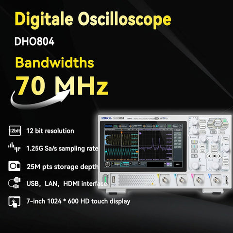 RIGOL DHO804 Portable Digital Oscilloscope, 70MHz Bandwidth, 4 Analogue Channels, 12bit Vertical Resolution, Low Noise Floor, Mobile Power Supply Supportable