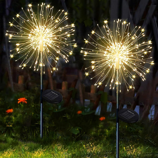 Solar Garden Lights 2 Pack 120 LED Firework Solar Lights Outdoor Garden, 8 Modes Solar Pathway Lights Waterproof Dandelion Solar Lights for Patio Flower Boxes Party Decorations