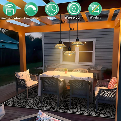 Umbrella lights illuminating an outdoor patio area with hanging lamps.