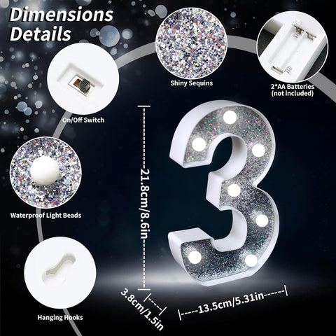 Number 3 Style LED Marquee Lamp, Silver Glitter Light Up Letter Sign, Battery Powered Tabletop Decorative Marquee Light with On/Off Switch for Wedding, Birthday, Party and Home Decor