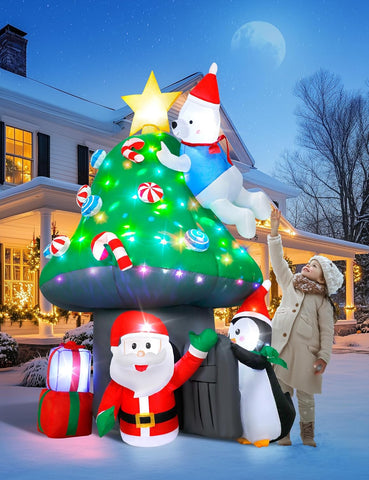 7 FT Inflatable Mushroom Christmas Tree with Rotating LED Lights – Outdoor Holiday Decoration
