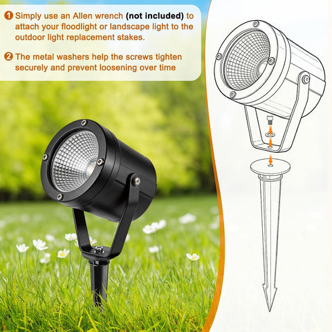 M METERXITY 10-Pack Plastic Flood Light Ground Stake, 1.4" Diameter x 6.3" Height Outdoor Light Stakes Replacement for Landscape/Garden/Yard/Lawn/Pathway [Black]