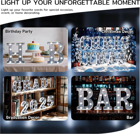 LED Marquee Letter Lights, Light Up Silver Glitter Letters Sign Battery Powered Night Light for Birthday Party Wedding Home Decoration Baby Shower-Y