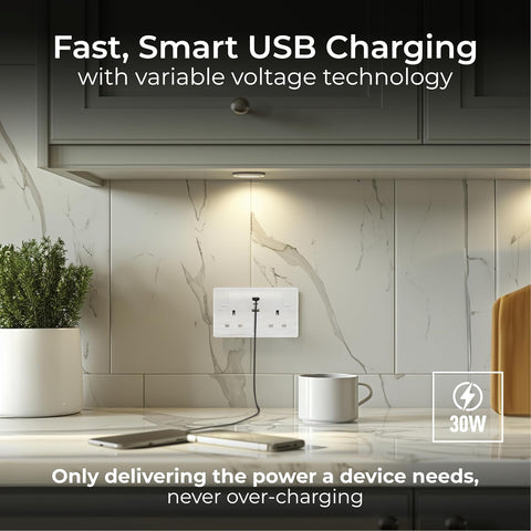 BG Electrical 30W Double Switched USB Power Wall Socket White