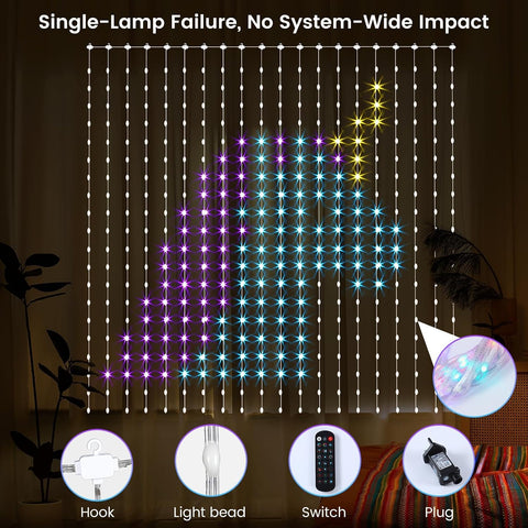 GlobaLink RGBIC Smart Curtain Lights 2x2M 400 LED – App & Remote Controlled RGBIC Curtain Fairy Lights with Music Sync, DIY Patterns & Timer - Turn an Empty Window Into a Colourful Light Show